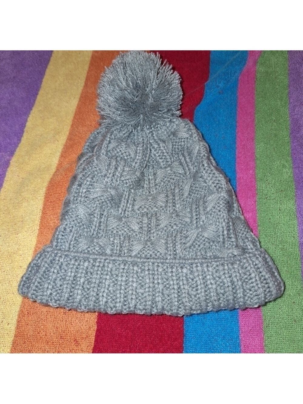 Gray Knit Pom Pom Stocking Cap